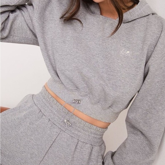 For Love & Lemons Josie Heather Gray Cropped Hooded Sweatshirt Size Large - Picture 2 of 11